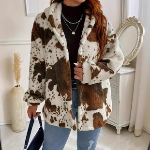 女 毛绒连帽奶牛印花卫衣绒衫 秋冬亚马逊跨境欧美女装 时尚
