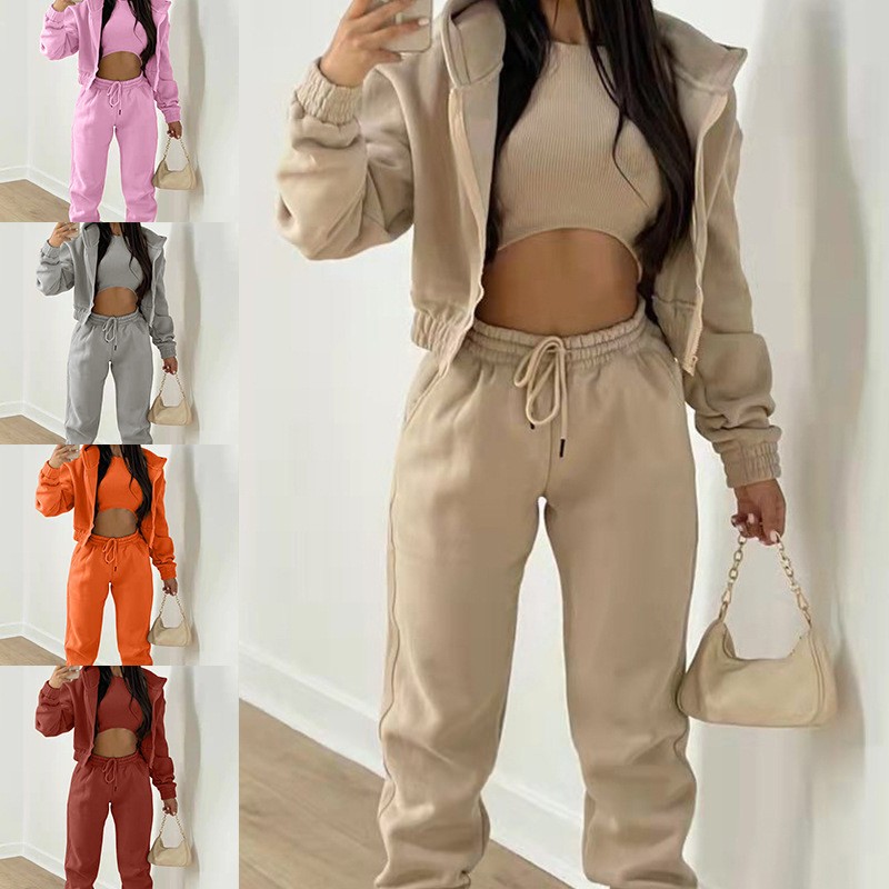 亚马逊欧美女装三件套长裤加绒连帽卫衣运动时尚休闲冬季穿搭整套