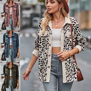 夹克衬衫 秋季 亚马逊豹纹印花纽扣长袖 跨境欧美女装 外套女 新款