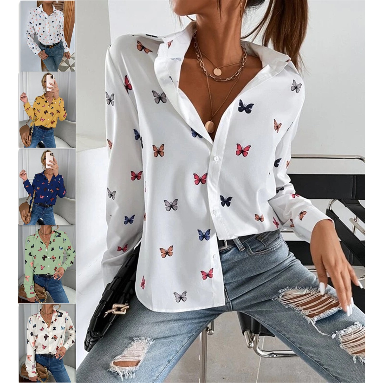 外贸速卖通女性上衣时尚数码印花长袖衬衣蝴蝶印花衬衫