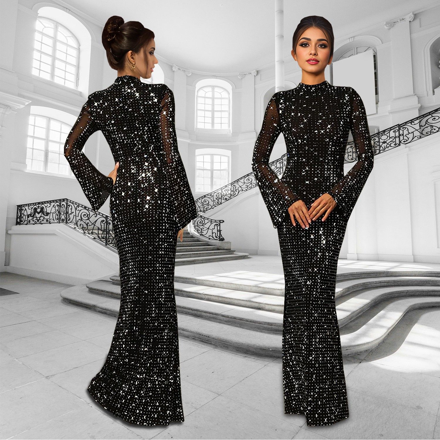 跨境速卖通亚马逊欧美时尚女装修身性感长袖烫钻连衣裙新款