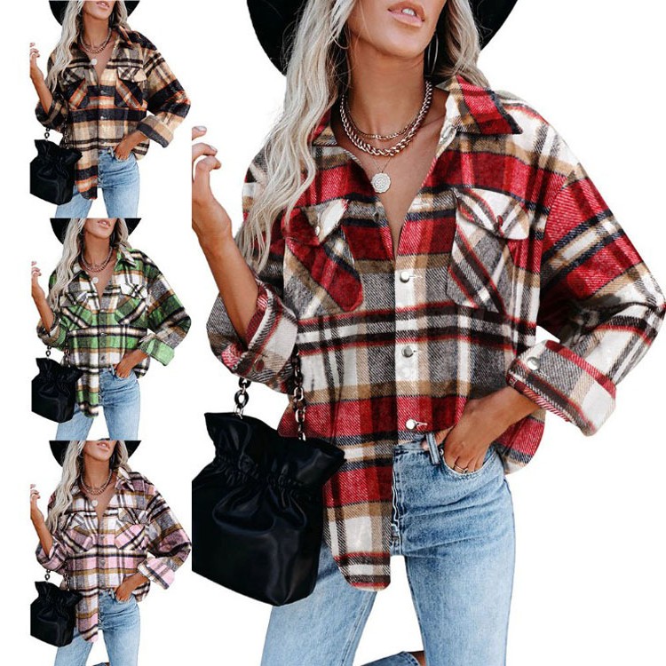 跨境欧美外贸女装秋冬新款亚马逊女士格子衬衣毛呢子排扣外套