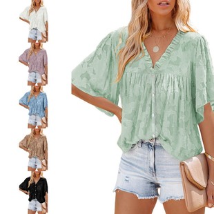 五分袖 亚马逊领开衫 雪纺衫 欧美女装 纯色上衣女 夏季 时尚 新款