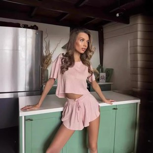 圆领恤上衣短裤 亚马逊跨境欧美女装 短款 时尚 两件套女 春夏季