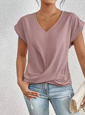 亚马逊跨境爆款纯色领恤优雅短袖上衣春夏女装亚马逊跨境