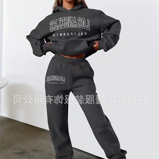 休闲时尚 套装 印花连帽套装 裤 加绒卫衣长袖 亚马逊跨境欧美女装