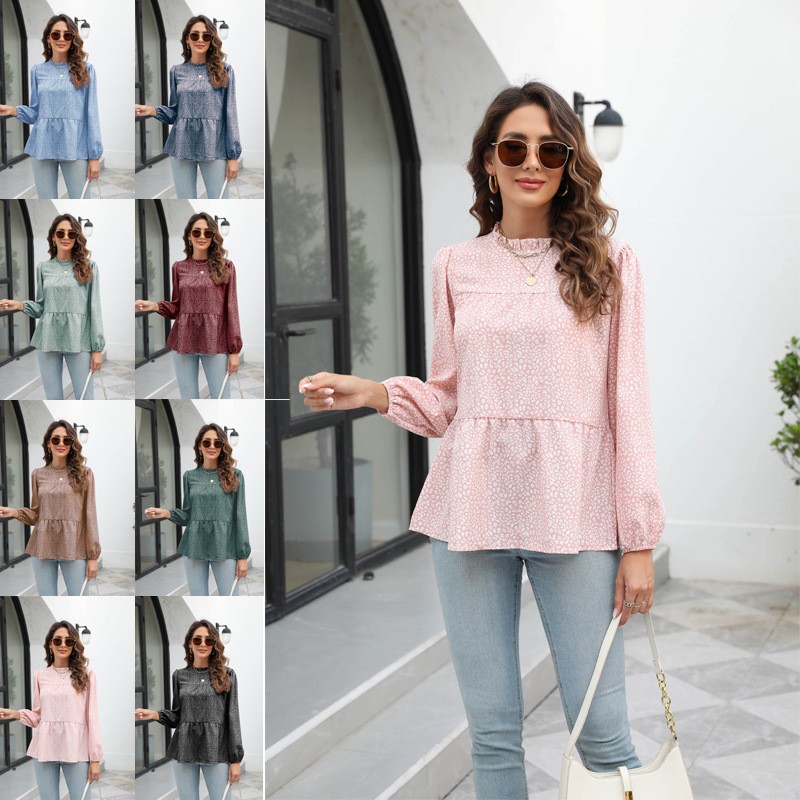 亚马逊欧美秋冬新款女装豹纹印花长袖圆领衬衣上衣跨境现货女