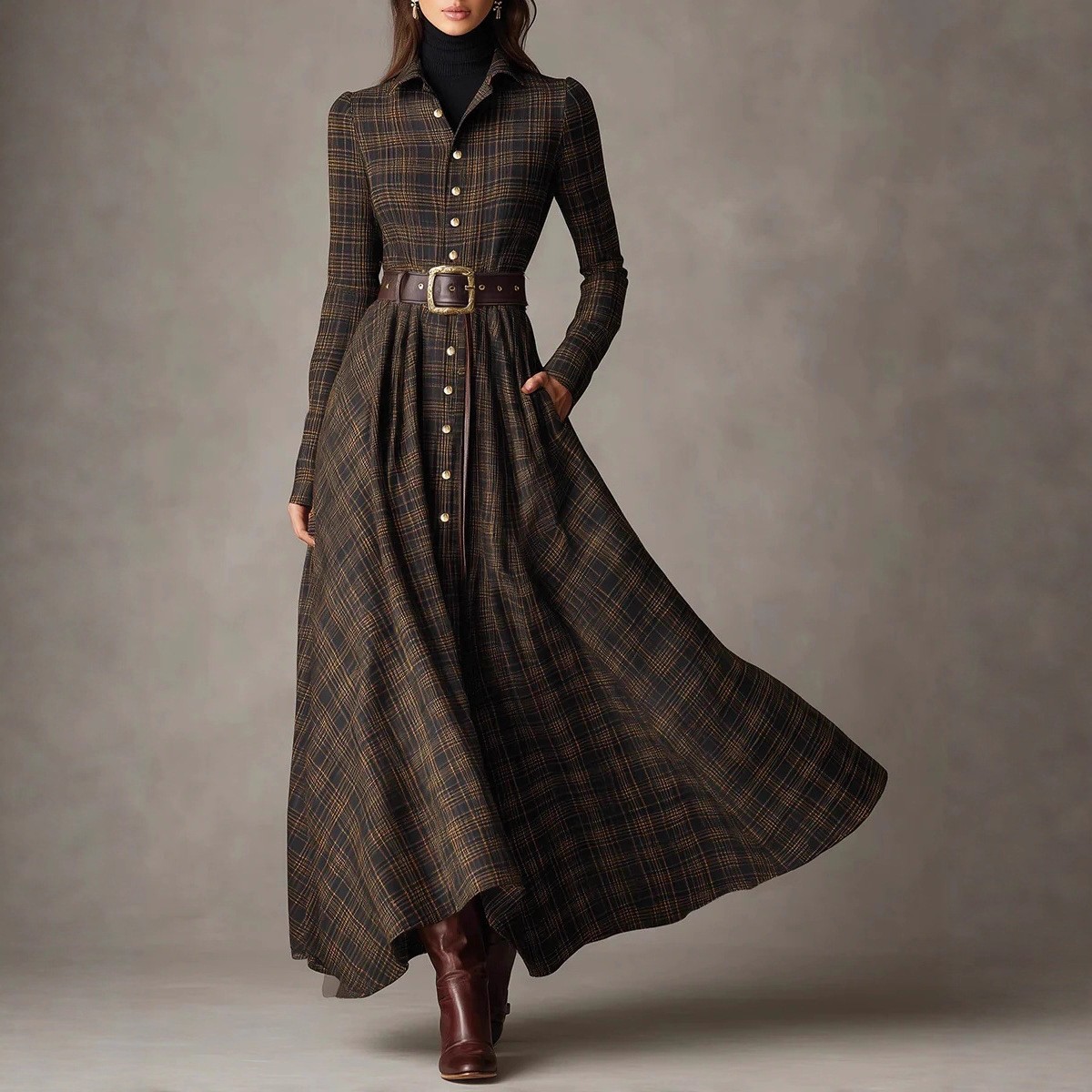 欧美女装亚马逊独立站数码印花翻领松紧收腰衬衫连衣裙长裙