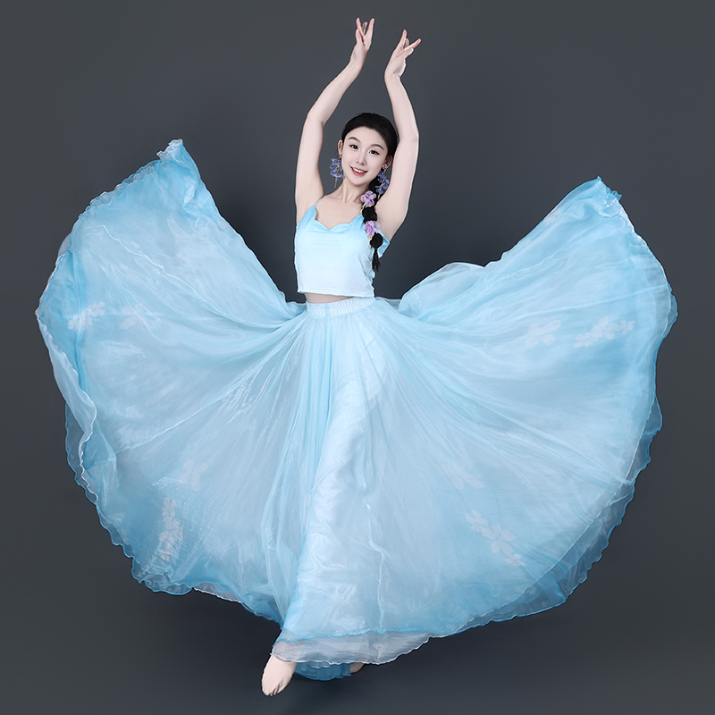 天空蓝海与天飘逸大裙摆裙舞蹈裙900度双色两面穿飘逸古典舞服