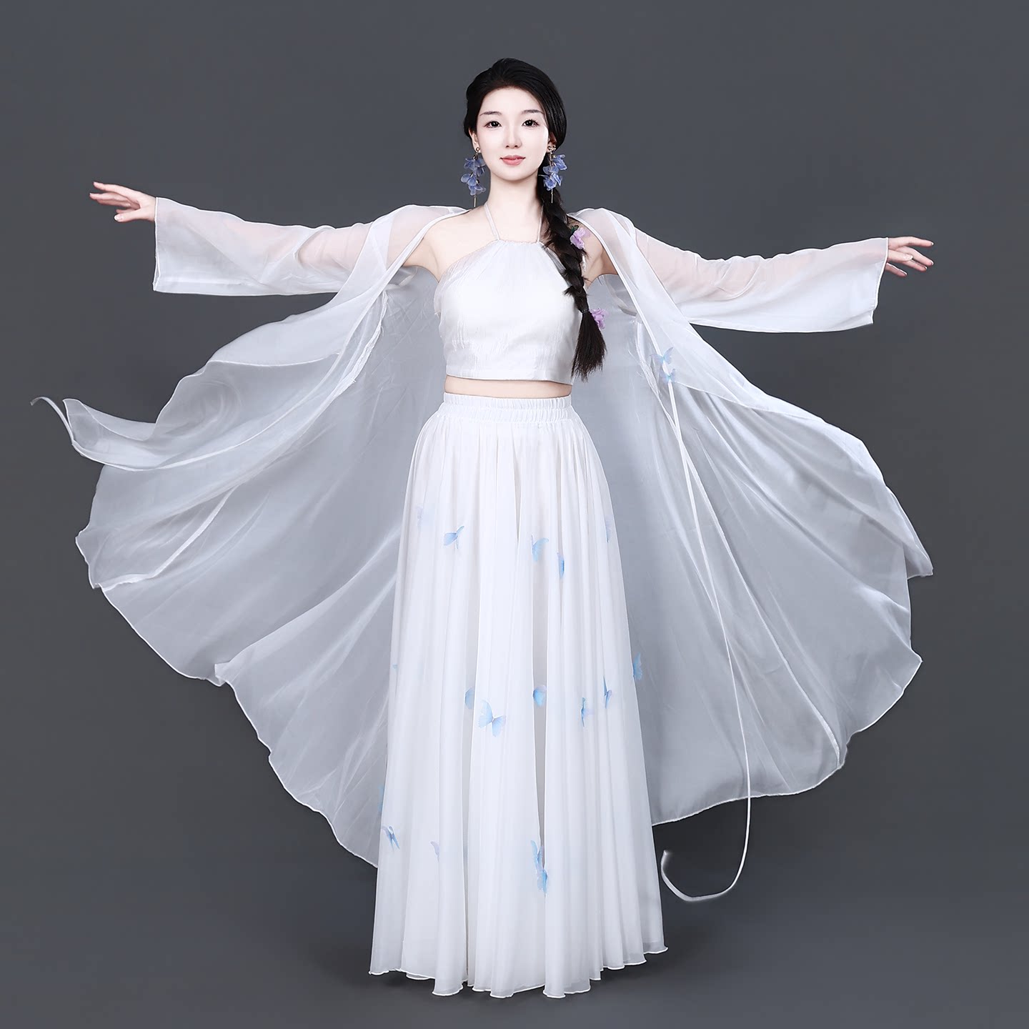中国风古典现代爵士舞古风长纱衣女外披天丝飘逸仙气艺考舞蹈服