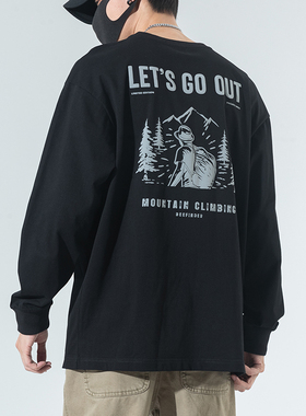 重磅纯棉长袖T恤男士潮牌秋季卫衣宽松圆领打底衫字母印花上衣男