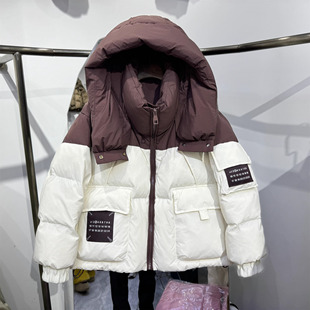 秋冬韩版宽松连帽羽绒服女短款加厚保暖小个子面包服撞色拼接外套