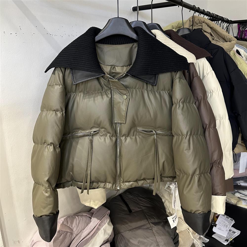 免洗PU皮针织翻领时尚羽绒服女短款小个子加厚保暖冬装外套