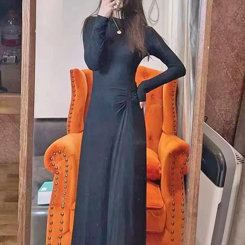 夏季大码连衣裙圆领女遮肚新款莫代尔修身显瘦T恤褶皱长袖赫本风