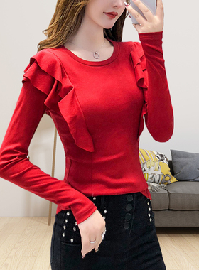 春秋装红色长袖T恤女早春内搭新上衣本命年荷叶边修身短t恤莫代尔
