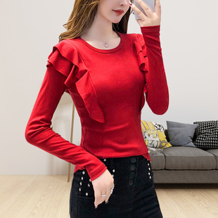 春秋装红色长袖T恤女早春内搭新上衣本命年荷叶边修身短t恤莫代尔