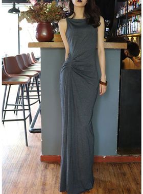 春夏休闲莫代尔修身连衣裙一字领褶皱高腰显瘦加长过脚裸长裙纯色