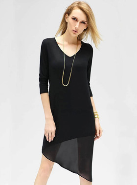 春夏新款下摆不规则长款莫代尔拼雪纺长裙大码V领九分袖连衣裙