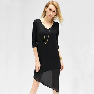 V领九分袖 莫代尔拼雪纺长裙大码 连衣裙 下摆不规则长款 春夏新款