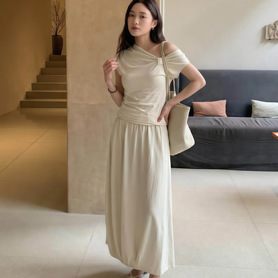 斜肩扭结小衫+半身裙两件套女