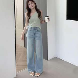 Limitless 高腰浅蓝满钻阔腿牛仔裤女小个子显瘦垂感宽松直筒裤