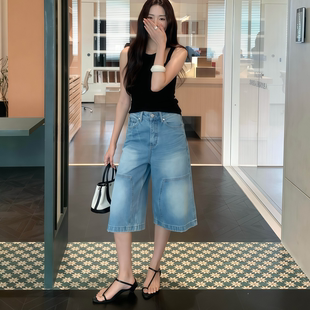 Limitless 高腰浅蓝薄款牛仔中裤女夏季宽松显瘦阔腿五分直筒裤