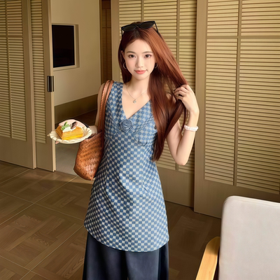 度假风玫瑰花收腰A字连衣裙女