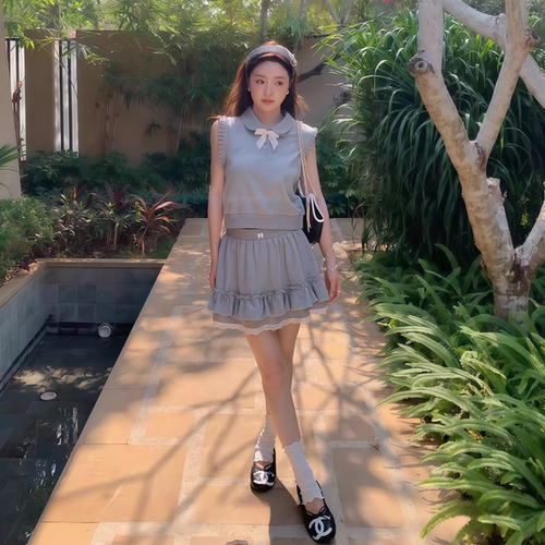 学院风无袖上衣+半身裙两件套女