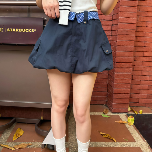 女夏季翻边口袋南瓜裙花苞短裙