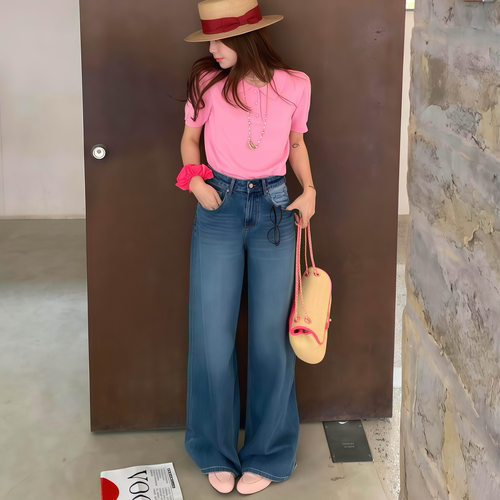 夏季四面弹高腰直筒阔腿牛仔裤女