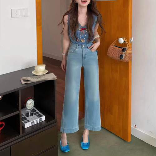 夏季软糯四面弹九分直筒牛仔裤女