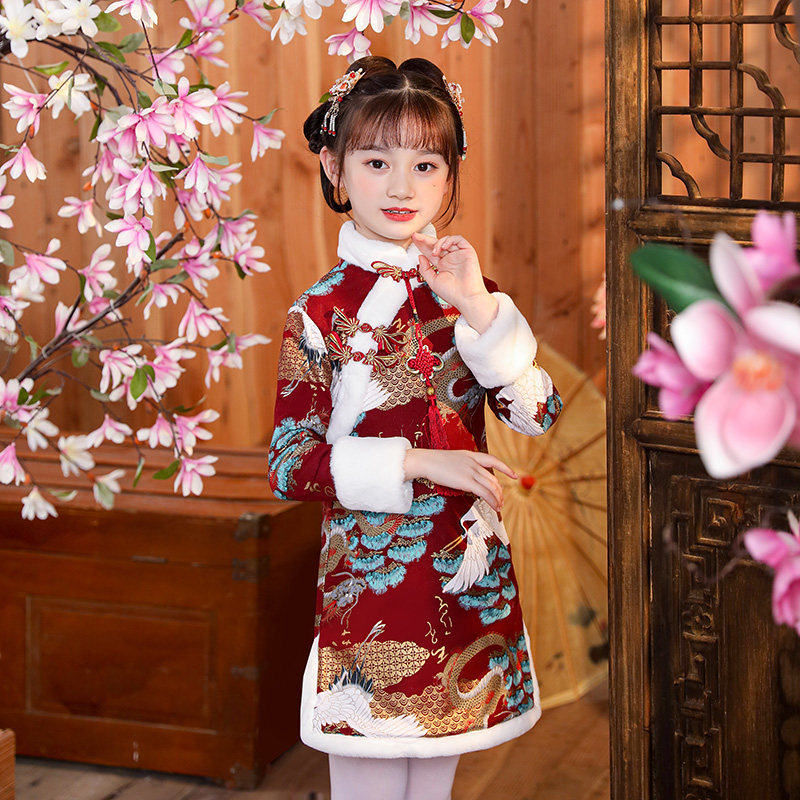 旗袍裙儿童加绒加厚女孩中国风女童唐装拜年服女宝宝过年汉服冬款