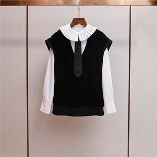 马甲两件套装 皇冠艾薇秋季 学院风减龄压褶翻领领结衬衫 法式 女 新款