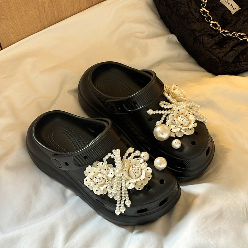 珍珠花装饰包头厚底洞洞鞋女夏