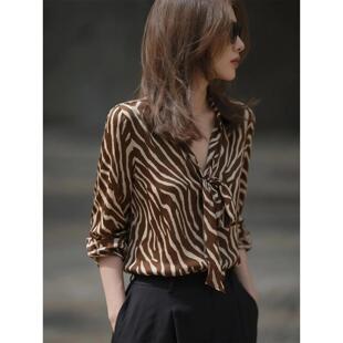 高级感减龄洋气蝴蝶结飘带衬衣 新款 轻熟风棕色条纹真丝衬衫 女春季