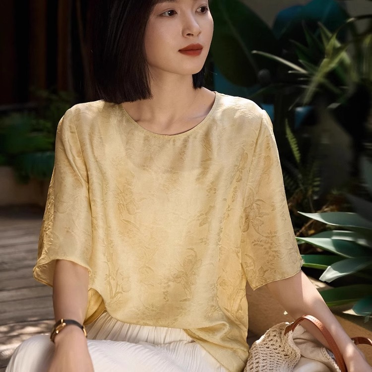 高端真丝国风短袖衬衫女士夏季新款高级感时尚新中式优雅圆领上衣