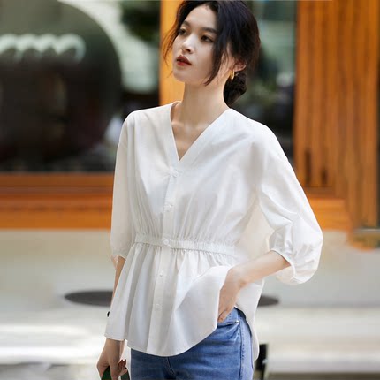 V领真丝衬衫女士2025夏季新款高级感舒适柔软桑蚕丝宽松收腰上衣