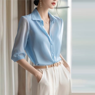 蓝色短袖真丝衬衫女夏季新款高级感轻奢洋气款式五分袖桑蚕丝上衣