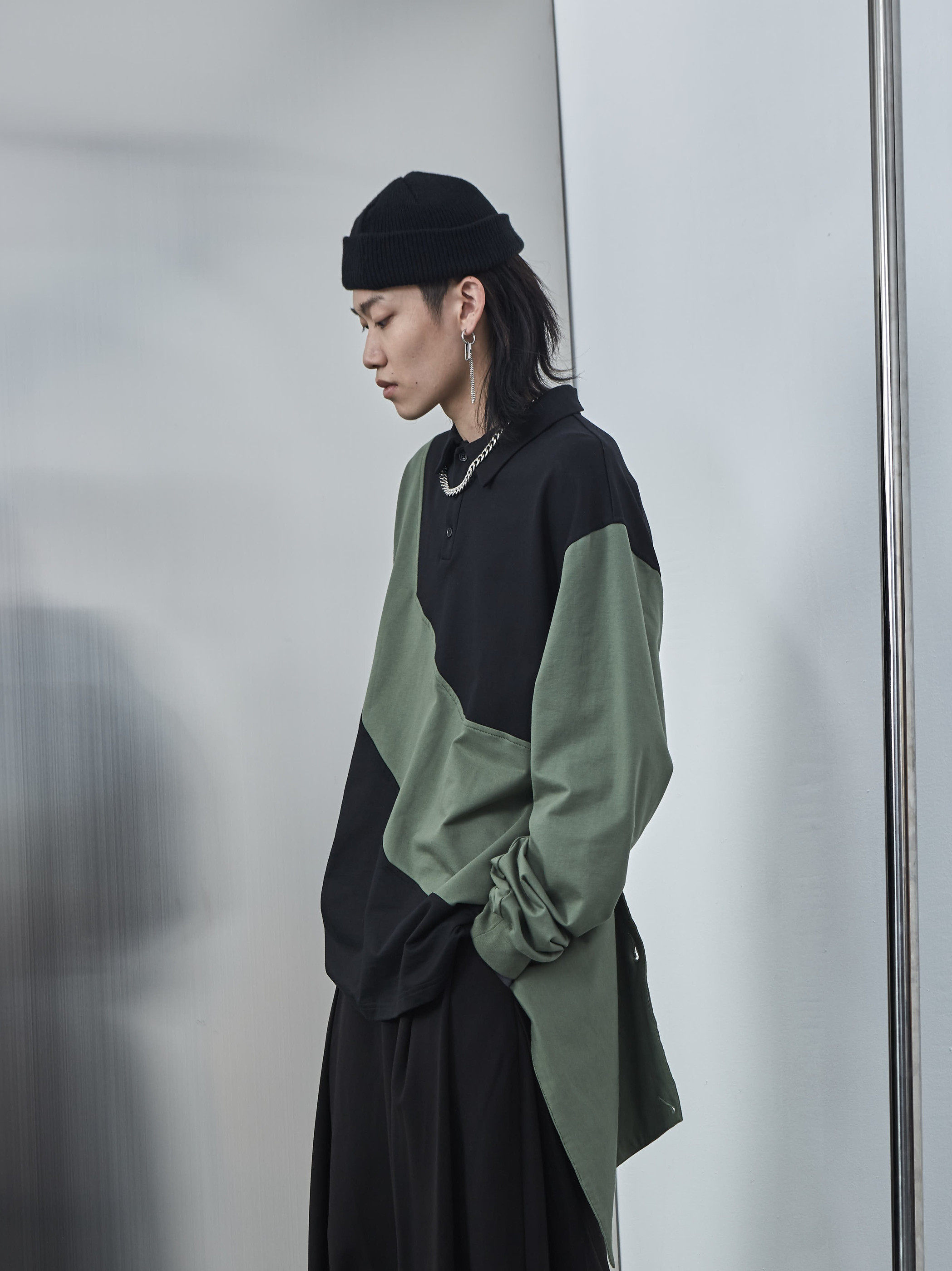 PCLP (PERCLIPS)color POLO shirt lapel sweater National tide brand spring and autumn loose stitching contrast color long sleeves men