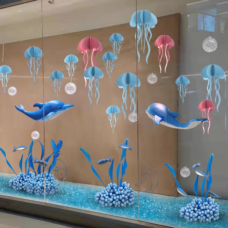 夏季海洋主题个性装饰店铺商场服装橱窗布置创意水母海豚吊饰道具