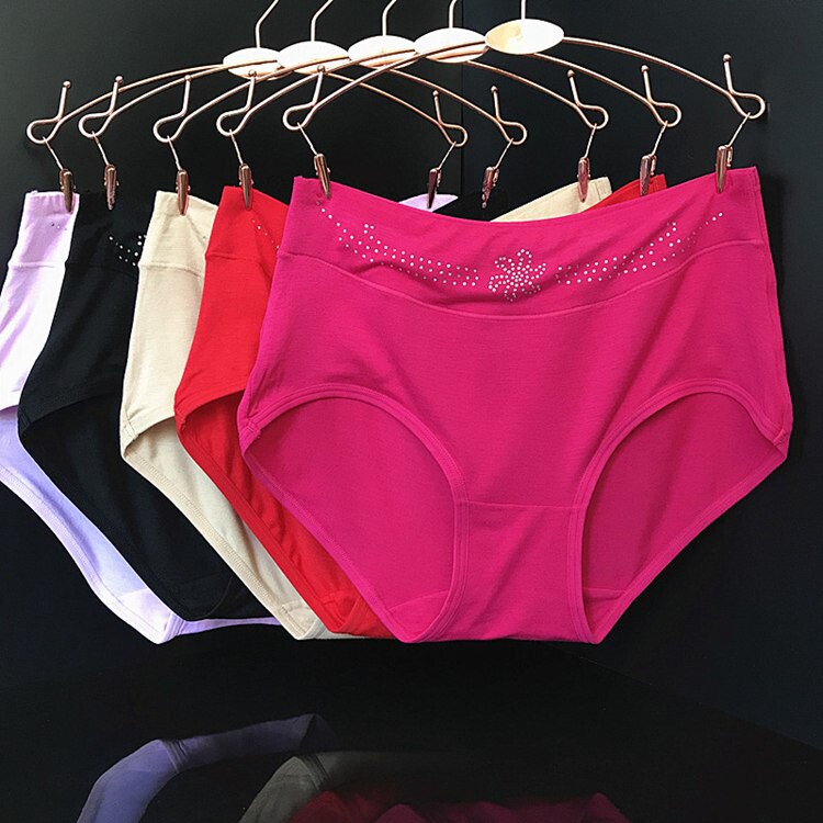 珍珠纤维烫钻纯色女士三角高腰内裤光滑舒适清爽妈妈大码包臀内裤