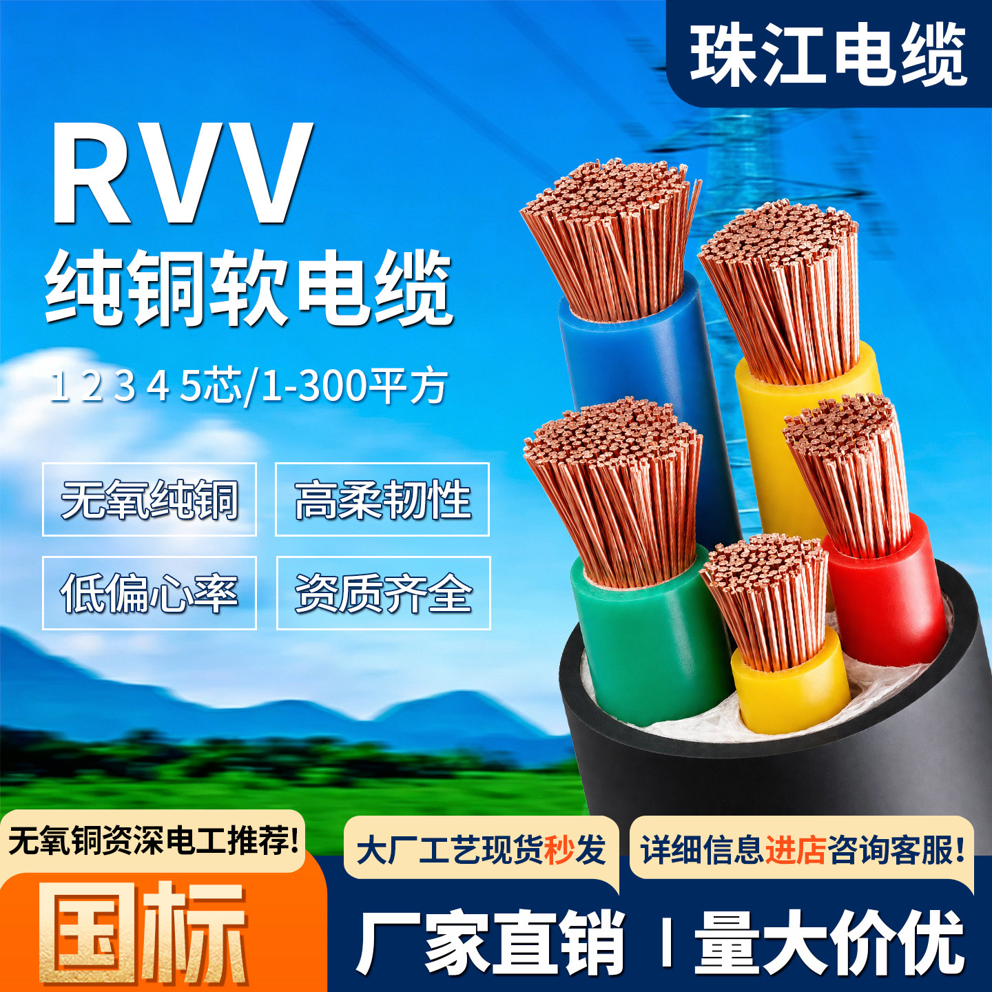 珠江电缆线rvv铜芯国标2 3 4 5芯1 4 6 10 16-240平方护套电源线图片