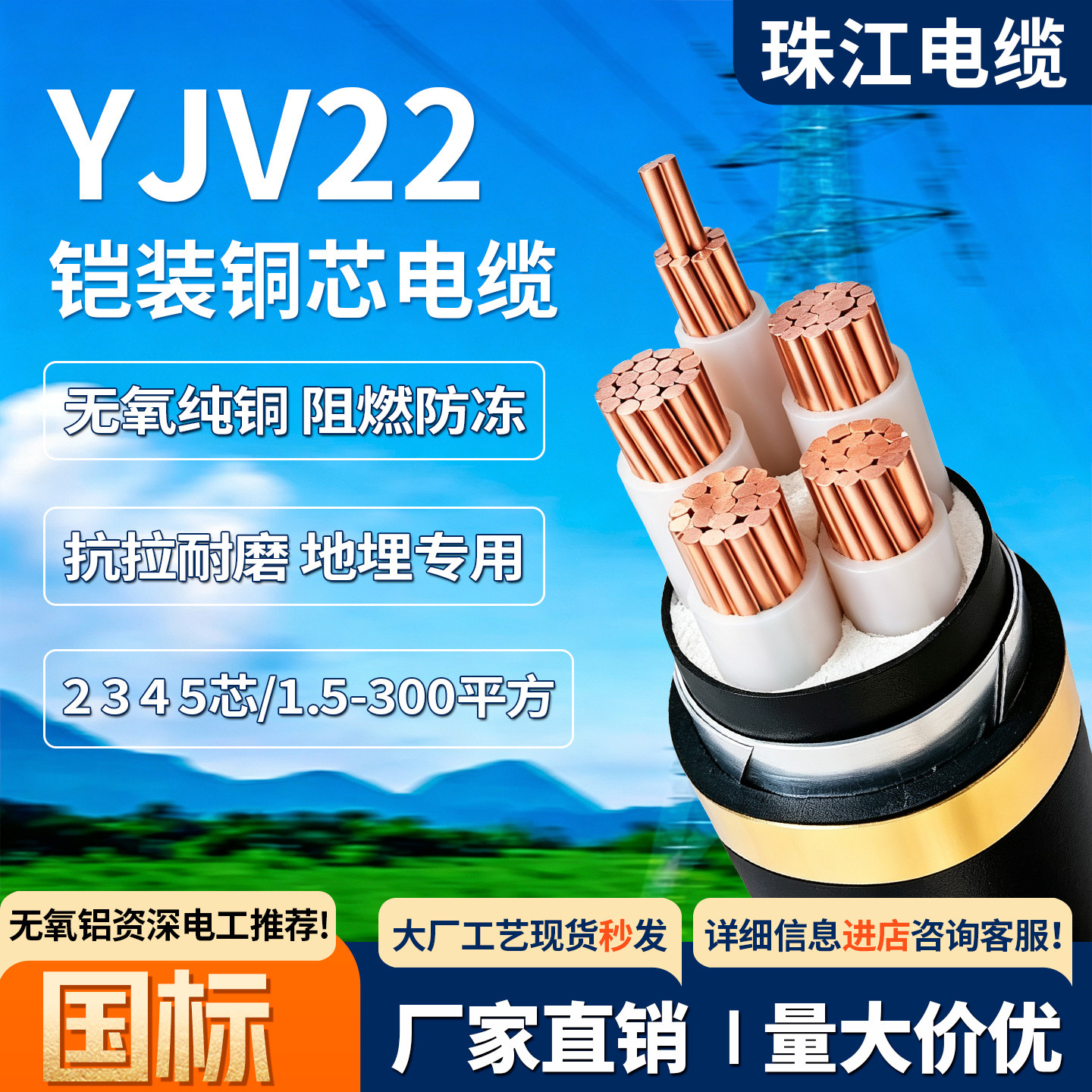 珠江电缆国标YJV22铠装铜芯电线2 3 4 5芯10 16 50 300平方工程线