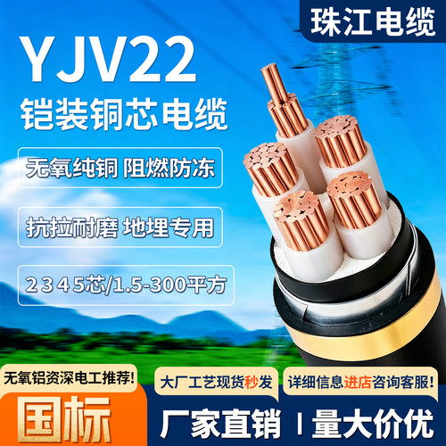 珠江电缆国标YJV22铠装铜芯电线2 3 4 5芯10 16 50 300平方工程线