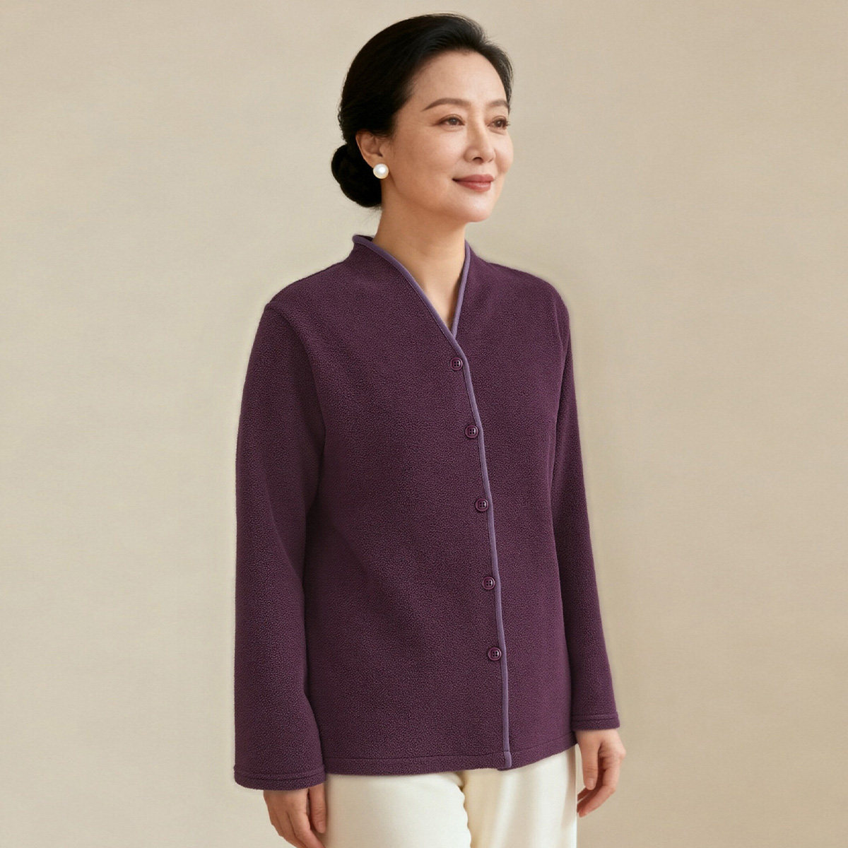 顶瓜瓜男中老年保暖开衫V领纽扣摇粒可外穿秋衣女保暖家居服上衣