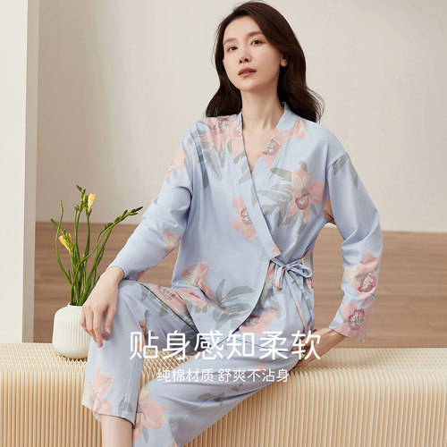 顶呱呱女士纯棉日式系绳睡衣套装