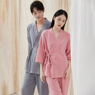 男纯棉7分袖 顶呱呱A类女士双层纱布棉日系斜襟家居服套装 简约睡袍