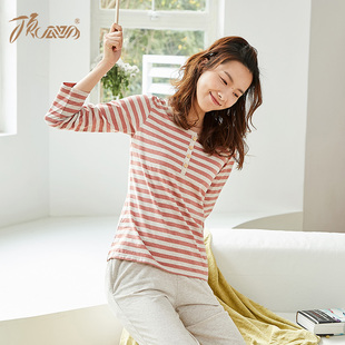 空调服顶呱呱 顶瓜瓜睡衣女春秋季 薄款 纯棉家居服套装 绵绸条纹韩版