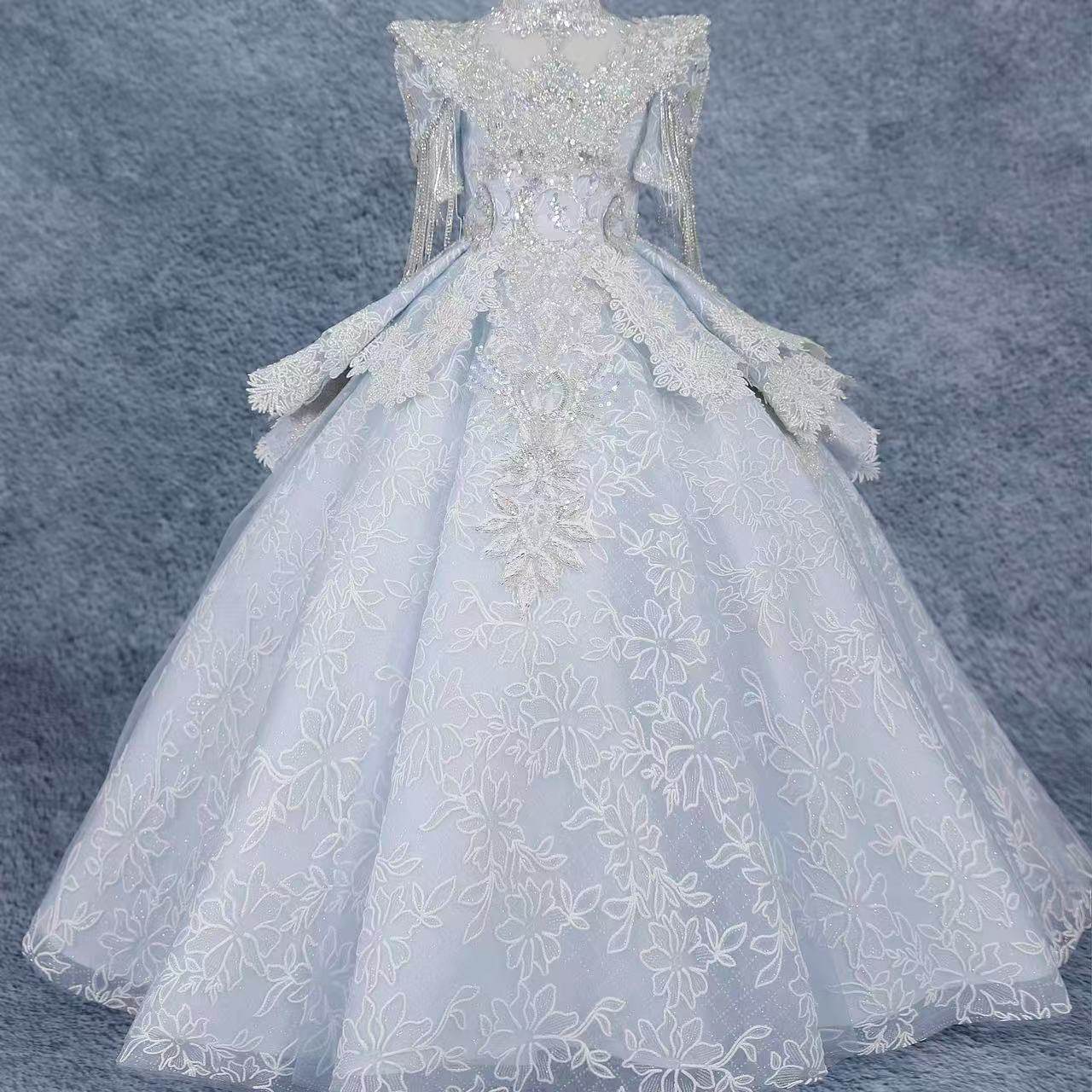 出租高定浅蓝色女童礼服齐地小主持演出服花童生日模特走秀钢琴