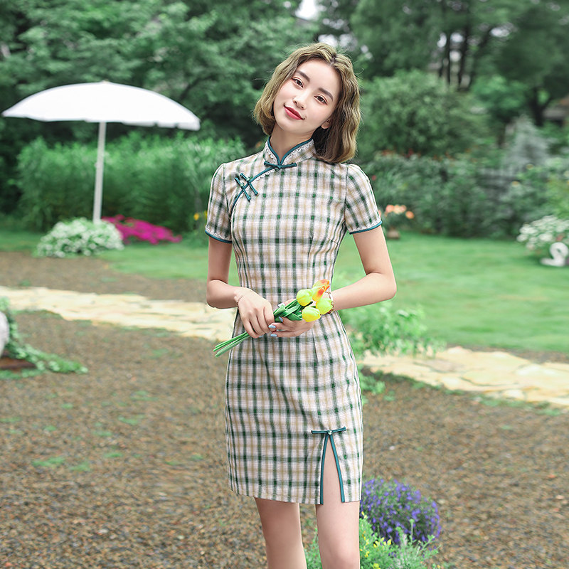 改良旗袍格子连衣裙短修身性感中国风复古年轻款少女日常小个子夏